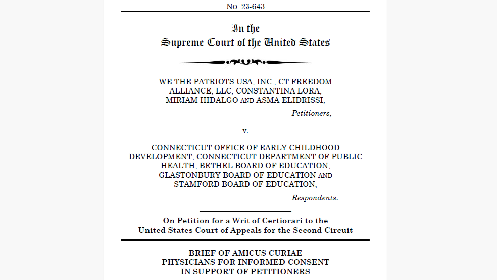 Physicians for Informed Consent Files Amicus Curiae Brief with Supreme Court of the United States to End Vaccine Mandates for Schoolchildren